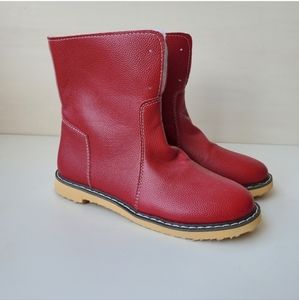 New red slouch mid calf faux leather boots